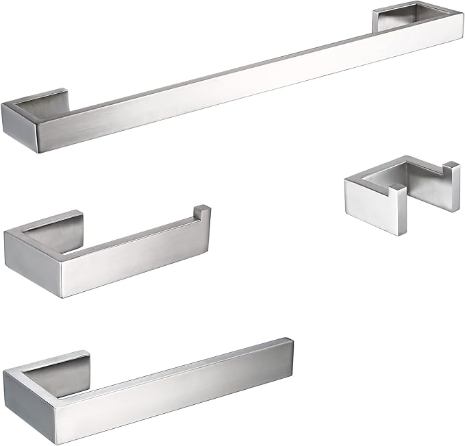 BAGNOLUX Brushed Nickel Bathroom Hardware Set 4 Pieces, Bath Towel Holder Set SUS304 Stainless Steel, Towel Racks Set for Wall Mount, Square Bathroom Accessories Set Towel Bar Heavy Duty
