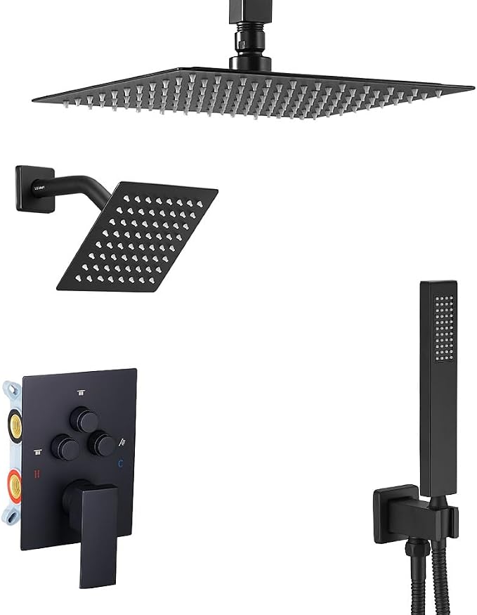 Shower Faucet Set Matte Black 10 Inch Ceiling Mount Rainfall Shower System with 2 Rain Shower Head and Handheld Head Push Button Diverter Shower Trim Kit and Rough-in Valve Body