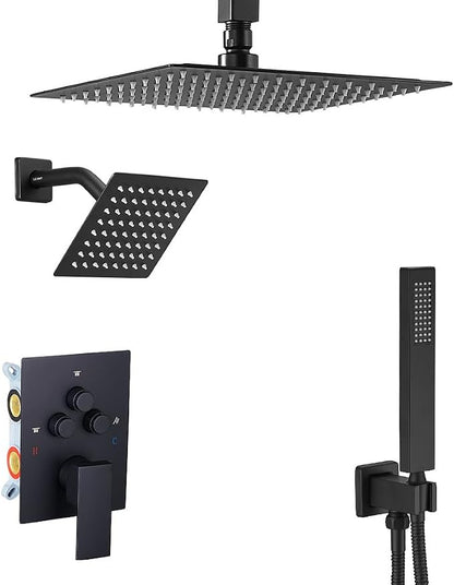 Shower Faucet Set Matte Black 10 Inch Ceiling Mount Rainfall Shower System with 2 Rain Shower Head and Handheld Head Push Button Diverter Shower Trim Kit and Rough-in Valve Body