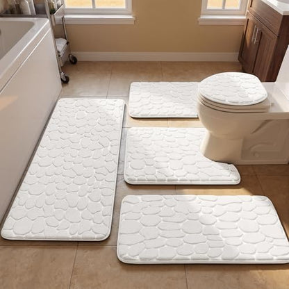 YIHOUSE Bathroom Rugs Mat Set, Memory Foam Bath Mat 5 Piece White