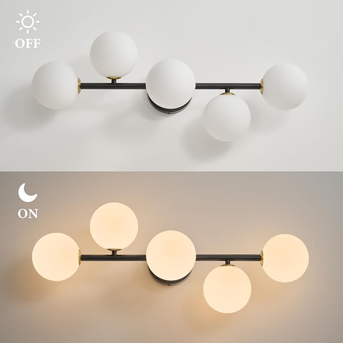 Bathroom Vanity Mirror Light Fixtures: 5 Lights Bath Wall Sconce Lighting - Brass Black Vanity Lights with Milk Glass Shade - Modern Minimalist Makeup Light Fixture Above Mirror for Hallway G9 Base