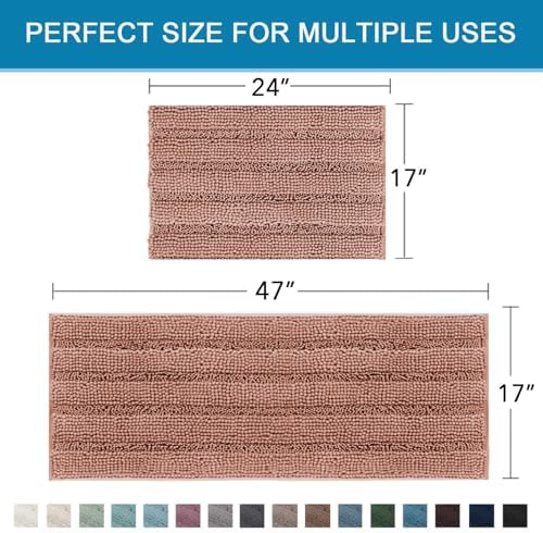 H.VERSAILTEX 2 Piece Set Bathroom Rugs Bath Mats Sets Super Absorbent Chenille Striped Bath Mats Non Skid Machine Wash Dry Rugs for Bathroom Floor (Muted Clay, 47 x 17 Plus 17 x 24 - Inches)