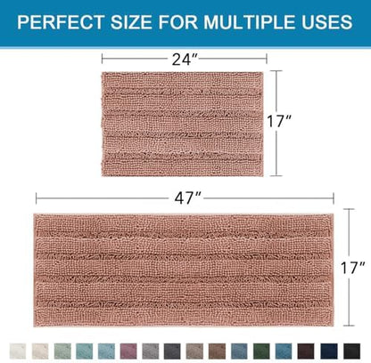 H.VERSAILTEX 2 Piece Set Bathroom Rugs Bath Mats Sets Super Absorbent Chenille Striped Bath Mats Non Skid Machine Wash Dry Rugs for Bathroom Floor (Muted Clay, 47 x 17 Plus 17 x 24 - Inches)