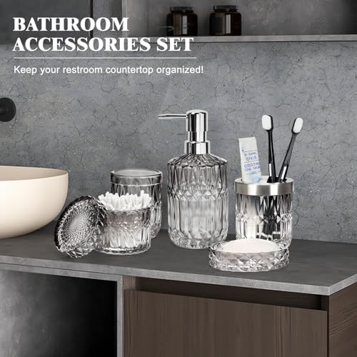 Bathroom Clear Glass Accessories Set, 5Pcs Bathroom Soap Dispenser Set, Glass Bathroom Accessories with Glass Soap Dispenser, Soap Dish, Toothbrush Holder, Tumbler, Cotton Swab Jar (Black & Clear)