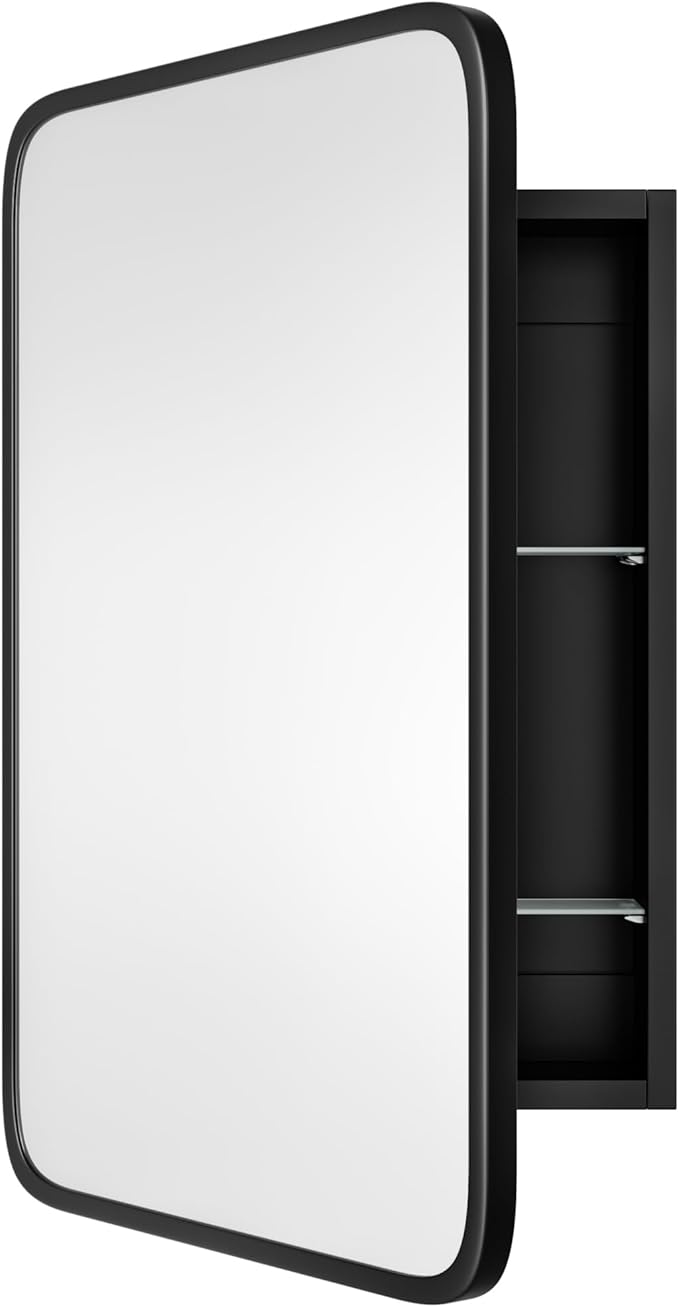 Vintage-Style Bathroom Wood Black Cabinet with 16.5''x24'' Black Metal Frame Curved Mirror, Recessed Medicine Cabinet, in Wall or Surface Mount Bathroom Storage Cabinet