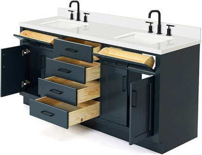 DKB Isabella 72 Inch Bathroom Vanity Double Sink — Midnight Blue Bathroom Vanity with Sink, 1.5" Edge Pure White Quartz Countertop, 4 Soft-Close Doors, 4 Dovetail Drawers, and 2 Tilt Drawers