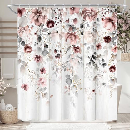 Rusic Floral Grey Pink Eucalyptus Leaves Bathroom Shower Curtain Set