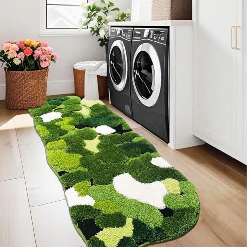 Hifuwan Cute Green Moss Bathroom Runner Rugs 24x60, Plant Leaves Bath Mats