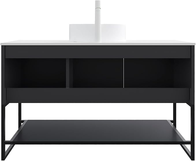Ambrovina 48" Bathroom Vanity with Sink, Freestanding Bathroom Storage Cabinet with 3 Doors and Open Shelf, White Round Ceramic Basin and Carrara White Sintered Stone Countertop, Gloss Black
