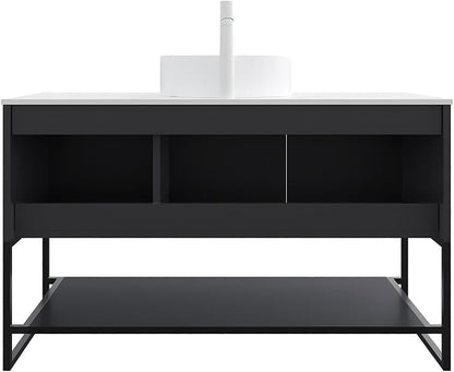 Ambrovina 48" Bathroom Vanity with Sink, Freestanding Bathroom Storage Cabinet with 3 Doors and Open Shelf, White Round Ceramic Basin and Carrara White Sintered Stone Countertop, Gloss Black