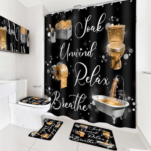Gold Black Golden Funny Quotes 4Pcs Bathroom Shower Curtain Set with Rugs