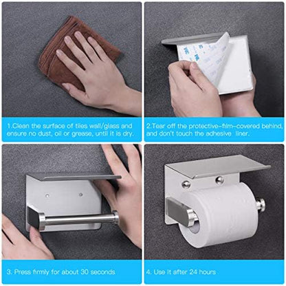 VAEHOLD Self Adhesive Toilet Paper Holder with Phone Shelf Stainless Steel Wall Mounted Toilet Paper Roll Holder - Rustproof and Bathroom Washroom Tissue Roll Holder with Storage Shelf - Silver