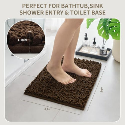 Bathroom Rugs Non Slip Washable, Extra Thick Soft Chenille Absorbent Bath Mat, High Density Barrier Non Slip Backing, Quick Dry Plush Shaggy Floor Carpet for Tub&Shower 24x17, Brown