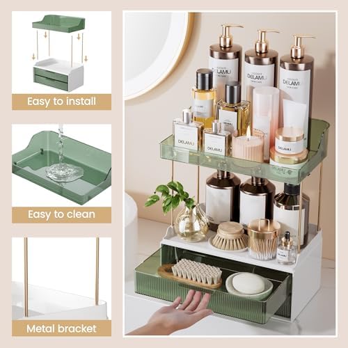 Delamu 4-Tier Makeup Organizer, Bathroom Counter Storage, 2 Drawers,Green