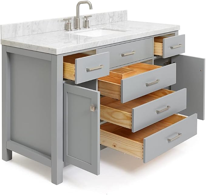 Alenza 54" Grey Bathroom Vanity with Sink, 1.5" Italian Carrara Marble Countertop, Rectangular Undermount Sink, 2 Soft Closing Doors, 5 Dovetail Drawers