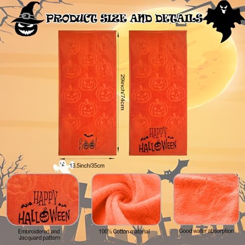 2 Pack Halloween Hand Towels 100% Cotton Jacquard Ghost Halloween Kitchen Towels White Bathroom Towels Set Seasonal Bathroom Decor (Yellow Pumpkin, Halloween)