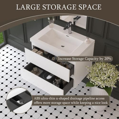 KEIKI 30'' Wall-Mounted Bathroom Vanity with Sink - Floating Design, 2 Soft-Close Drawers & Resin Basin, Space-Saving for Small Bathrooms, Glossy White
