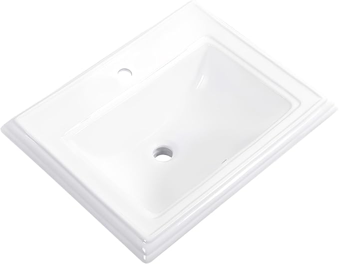 Semi Recessed Bathroom Sink 23"x18" Drop In Vessel Sink with Faucet Hole White Porcelain Ceramic Modern Rectangular Sinks Basin Vanity Sinks with Overflow for Bathrooms