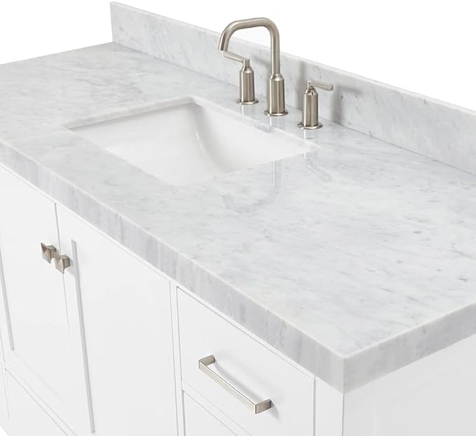 ARIEL Cambridge 60-inch Bathroom Vanity with Sink,Solid Wood, 2-inch Italian Carrara Marble Countertop, Single Rectangular Porcelain Sink, 2 Soft Closing Doors, 9 Dovetail Drawers, White