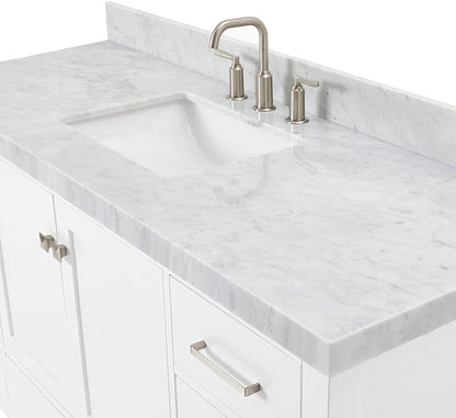 ARIEL Cambridge 60-inch Bathroom Vanity with Sink,Solid Wood, 2-inch Italian Carrara Marble Countertop, Single Rectangular Porcelain Sink, 2 Soft Closing Doors, 9 Dovetail Drawers, White