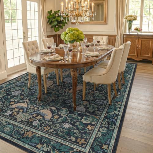 Dark Blue and Green Washable 8x10 Area Rugs for Living Room - Soft Non Slip Botanical Rug for Dining Room Under Table, Bedroom Under Bed, Vintage Large Carpet Decor Stain Resistant