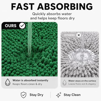 Bathroom Rugs Sets 2 Piece,Super Absorbent Soft,Thick,Machine Washable Chenille Bath Mat,Non Slip Toilet Floor Rug,Bath Mats for Bathroom,20x32 Plus 20x20 U Shape,Dark Green