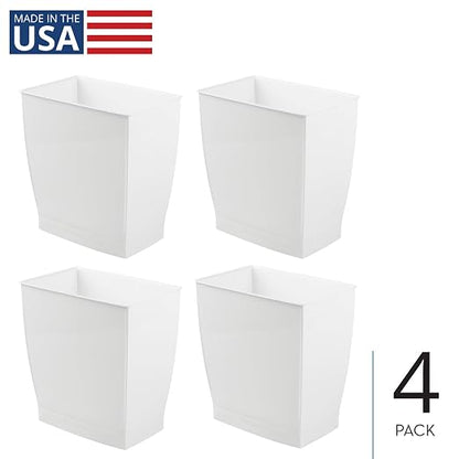 iDesign Small Plastic Bathroom Trash Can, 4-Pack, White | Slim Rectangle, For Bedroom, Office, Dorm