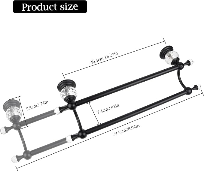 Crystal Black Towel Holder Double Adjustable Towel Bar 13 to 25 Inch, Towel Rack Rail for Bathroom Wall Mounted