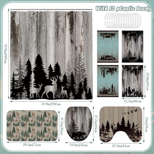 Honoson 8 Pcs Wildlife Animal Shower Curtain Set with Rugs and Kitchen Towels Cabin Deer Bear Forest Decor Shower Curtain Bathroom Set for Farmhouse Country Halloween Housewarming Gifts Decor