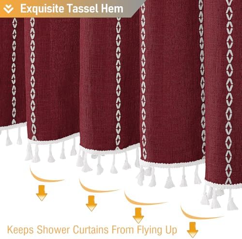 BTTN Burgundy Cream Boho Farmhouse Linen Heavy Duty Shower Curtain, 72x72