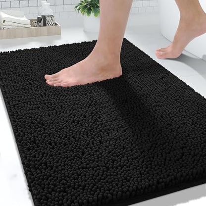 Yimobra Washable Bathroom Rugs, Super Soft & Absorbent Chenille Bath Mat for Floor & Carpet, Quick Dry Non Slip Bath Mat for Tub Shower, 24" x 17",Black