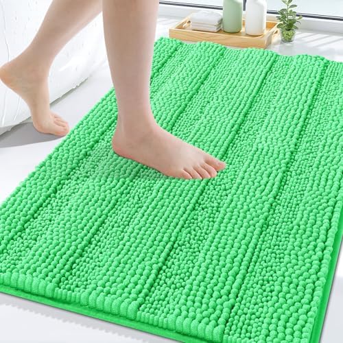 Grandaily Chenille Striped Bathroom Rugs 30x20, Extra Thick and Soft Absorbent Bath Mats, Rubber Backing, Plush Shaggy Shower Carpet, Machine Wash Dry, Bath Rug for Bathroom, Mint Green