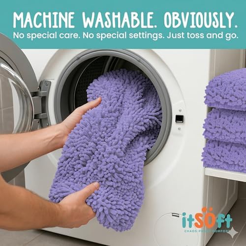 ITSOFT Large Plush Bathroom Rug 47"x21", Absorbent Machine Washable Non Slip Chenille Bath Mats, Quick Dry Bathmat, Bath Rugs for Bath, Shower, Bedroom, or Door Mat, Lavender