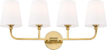 4-Light Brushed Gold Bathroom Vanity Light with White Fabric Shade | 28 Inch gold bathroom light fixture over mirror, UL listed, E26 bulbs, hardwired, upward only, VL837-BG-4K