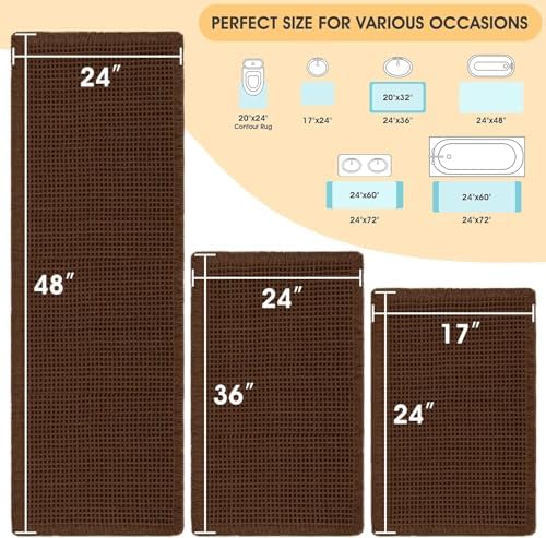 IM HOME Waffle Bath Mat Set 3 Piece Brown,Woven Modern Bath Rug Mats, Absorbent Non Slip Bath Floor Mat, Soft Washable Boho Bath Rugs with Tassels for Bathroom, Bedroom, Kitchen,Tub