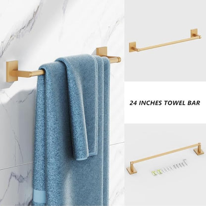 Bathroom Hardware Set 4 Piece Brushed Nickel/Brushed Gold Bathroom Accessories Set Including 24" Hand Towel Bars, Toilet Paper Holders, Towel Rings, Robe Towel Hooks (4pcs, Brushed Gold)