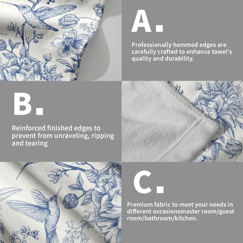 Chinoiserie Flowers Hand Towels Set of 2, Navy Blue Birds Floral Porcelain Decorative Bathroom Towel 28x14 Inch, Soft Absorbent Microfiber Wash Cloth for Kitchen Gym Hotel Home Decor