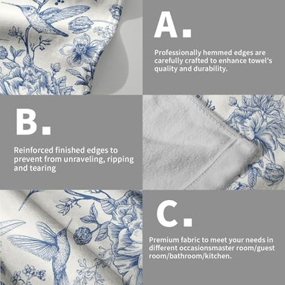 Chinoiserie Flowers Hand Towels Set of 2, Navy Blue Birds Floral Porcelain Decorative Bathroom Towel 28x14 Inch, Soft Absorbent Microfiber Wash Cloth for Kitchen Gym Hotel Home Decor