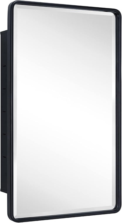 TEHOME Farmhouse Black Metal Framed Recessed Bathroom Medicine Cabinets with Mirror Rounded Rectangle Medicine Cabinet with BeveledMirros,16.5x27.5''