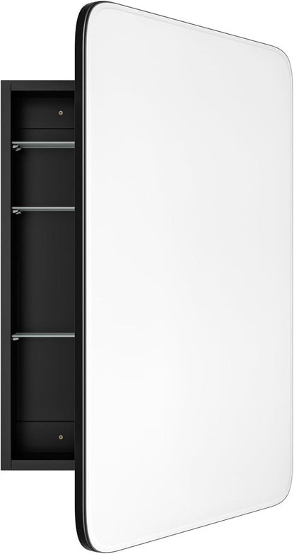 Vintage-Style Bathroom Wood Black Cabinet with 17.5''x29'' Curved Mirror, Recessed Medicine Cabinet, Bathroom Storage Cabinet