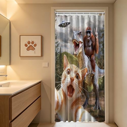 Small Stall Shower Curtain Rv Cat Riding Dinosaur, 36 x 72 Inchs