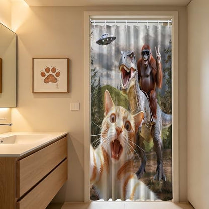 Small Stall Shower Curtain Rv Cat Riding Dinosaur, 36 x 72 Inchs