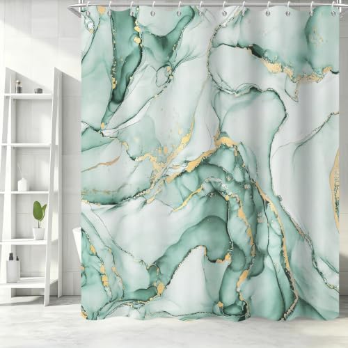 Mint Green Marble Shower Curtain Modern Abstract Luxury Gold Ink Texture Ombre Watercolor Bathroom Curtain Set with Hooks Soft and Lightweight Waterproof Fabric Machine Washable 72" Wx84 L