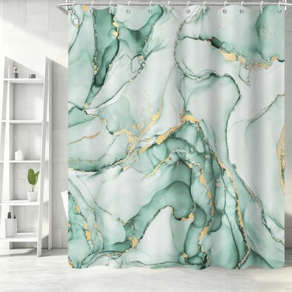 Mint Green Marble Shower Curtain Modern Abstract Luxury Gold Ink Texture Ombre Watercolor Bathroom Curtain Set with Hooks Soft and Lightweight Waterproof Fabric Machine Washable 72" Wx84 L