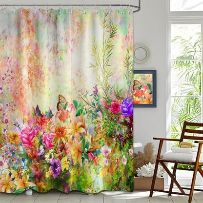 Floral Shower Curtain Colorful Wildflower Flower Butterfly Spring Summer Bathroom Decor, Waterproof Cloth Fabric with Hooks 70" Wx96 L