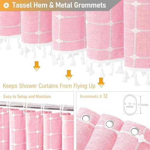BTTN Long Boho Farmhouse Linen Heavy Duty Cloth Shower Curtain, 72x84, Pink