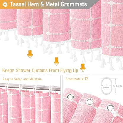BTTN Long Boho Farmhouse Linen Heavy Duty Cloth Shower Curtain, 72x84, Pink