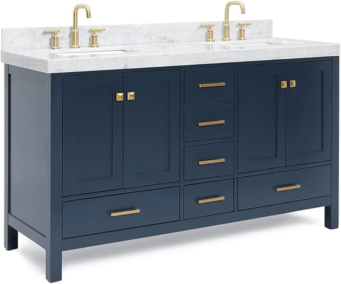 ARIEL Cambridge 60-inch Bathroom Vanity with Sink,Solid Wood, 2-inch Italian Carrara Marble Countertop, Double Rectangular Porcelain Sink, 4 Soft Closing Doors, 6 Dovetail Drawers, Midnight Blue