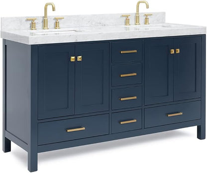 ARIEL Cambridge 60-inch Bathroom Vanity with Sink,Solid Wood, 2-inch Italian Carrara Marble Countertop, Double Rectangular Porcelain Sink, 4 Soft Closing Doors, 6 Dovetail Drawers, Midnight Blue