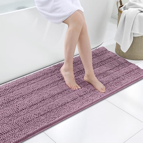 Grandaily Chenille Striped Bathroom Rugs 47x20, Extra Thick and Soft Absorbent Bath Mats, Rubber Backing, Plush Shaggy Shower Carpet, Machine Wash Dry, Bath Rug for Bathroom, Deep Plum